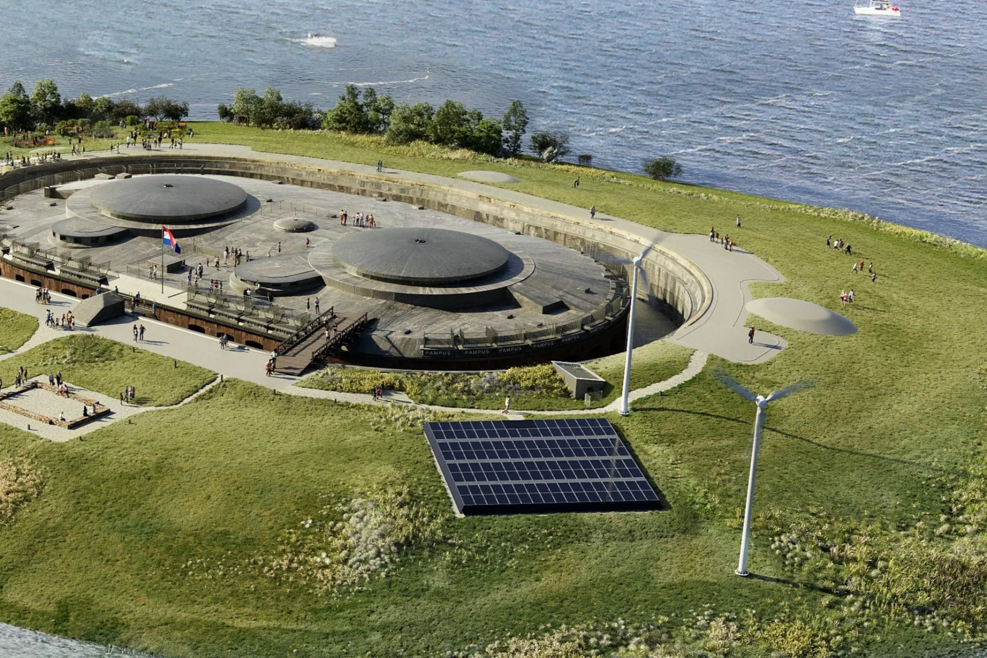 Fort op het eiland Pampus met zonnepanelen en een windturbine, omringd door water en bootjes.
