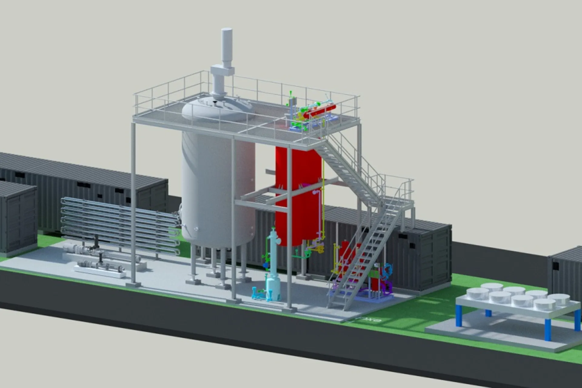 3D-model van een industriële installatie met opslagtanks en pijpleidingen.